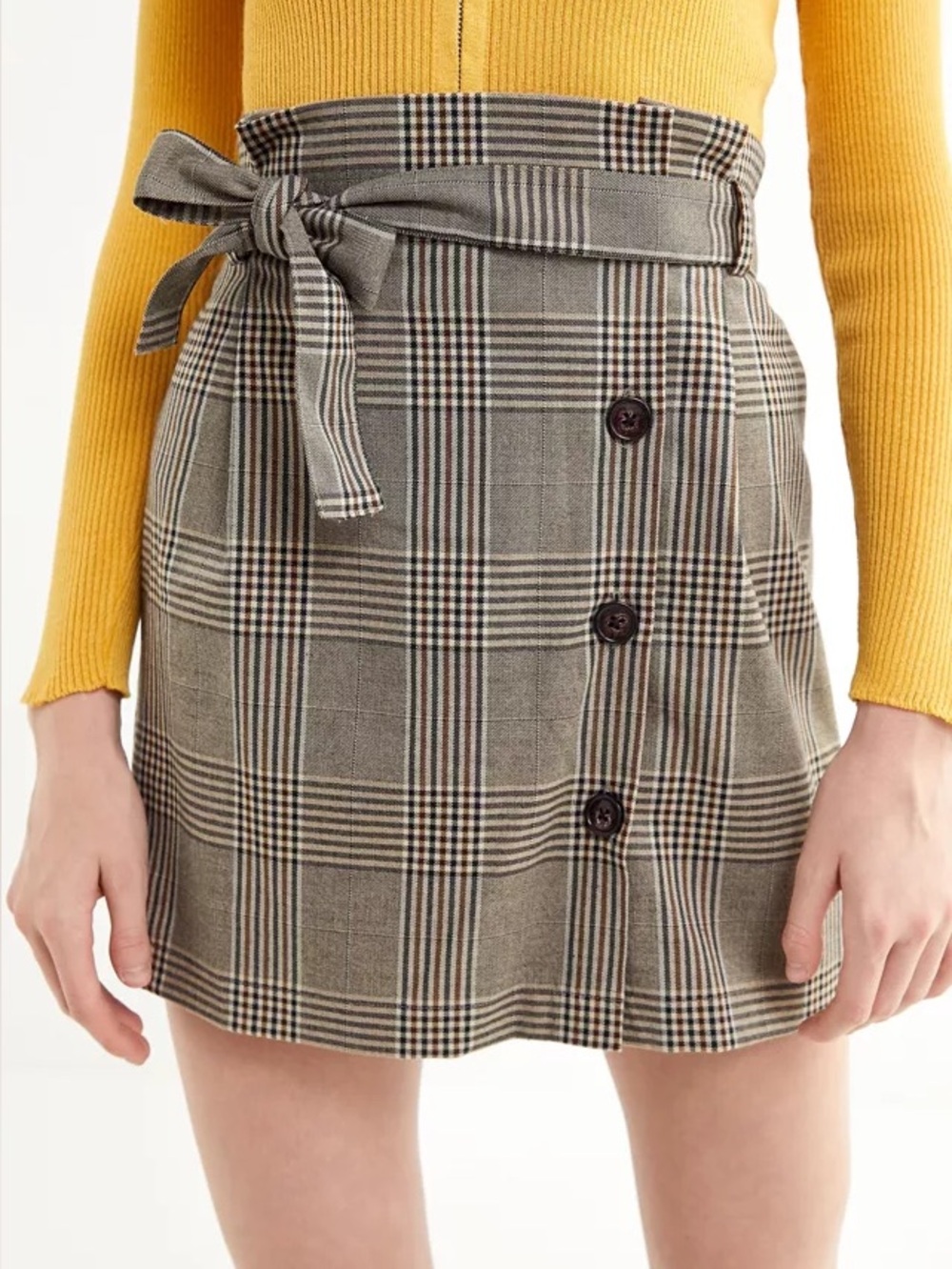 Urban Outfitters Plaid Paperbag Mini Skirt with Self-Tie Belt - Taupe, Black